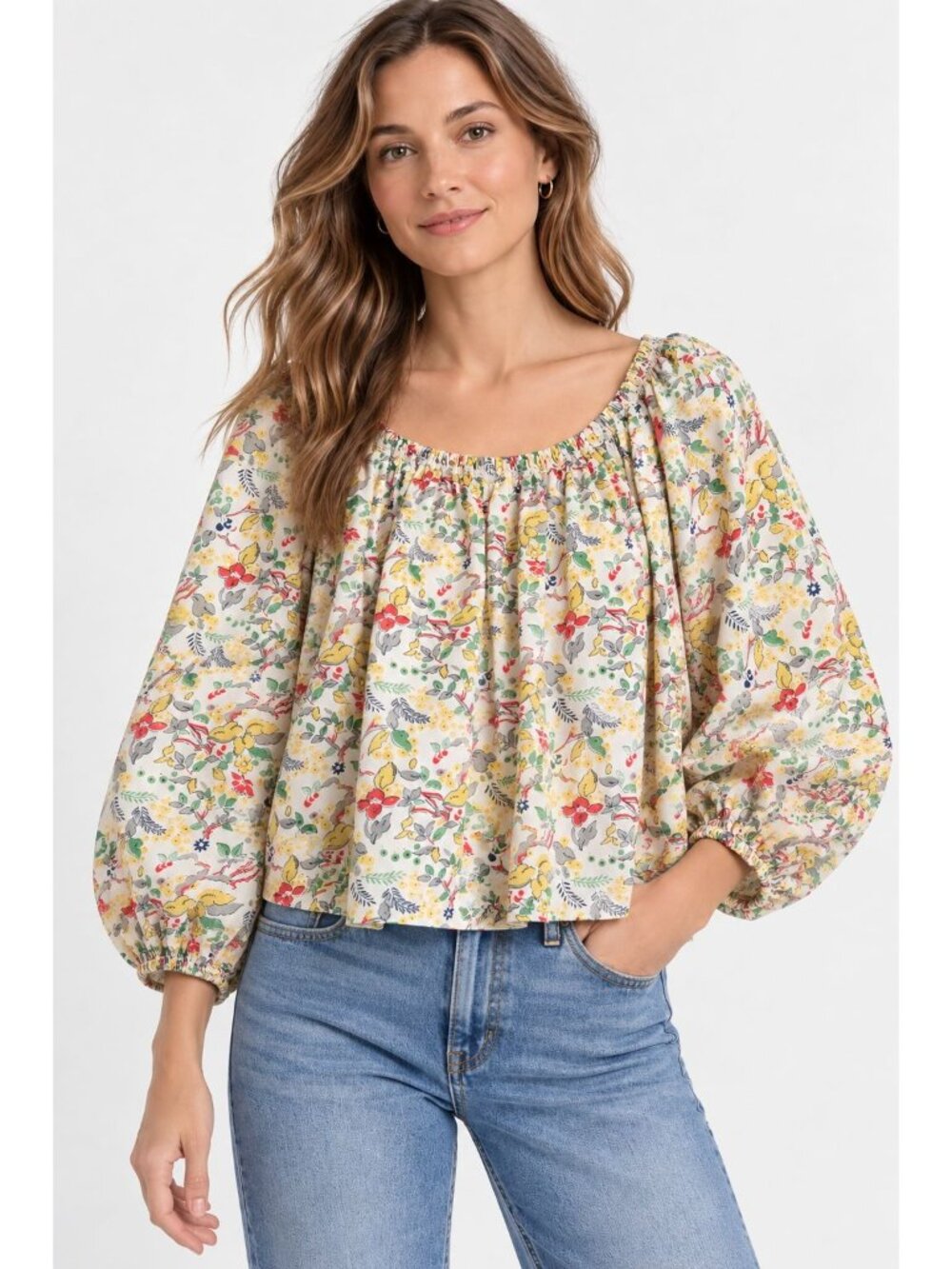The GREAT Canopy Top Ivory Blouses floral Print Peasant Puff sleeves size 0 XS